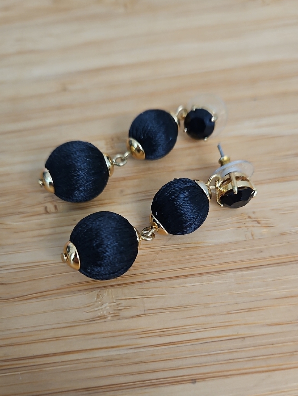 Elegant Black Satin Ball Drop Earrings - Gold Accent